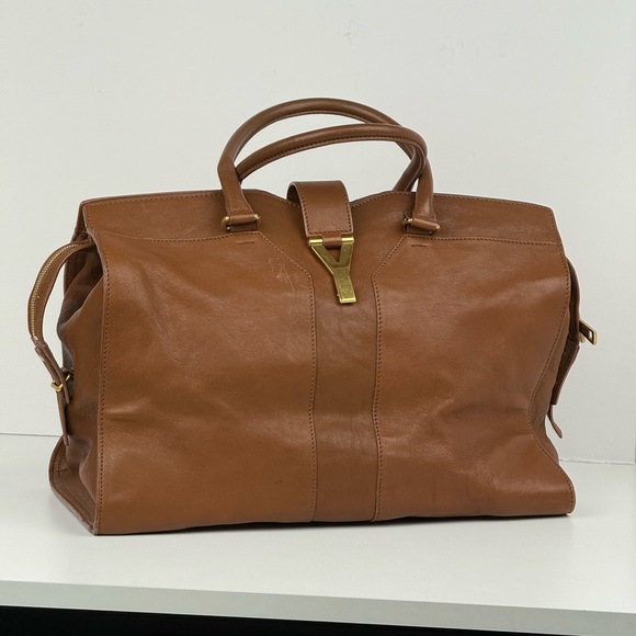 SAINT LAURENT Y Line Cabas Chic Handbag Women's Brown Leather Large